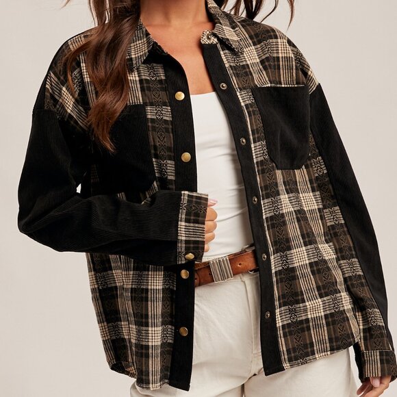 HEM & THREAD Button Up Plaid Shirt Shacket – Neutral Western Fall Layer - Picture 3 of 8